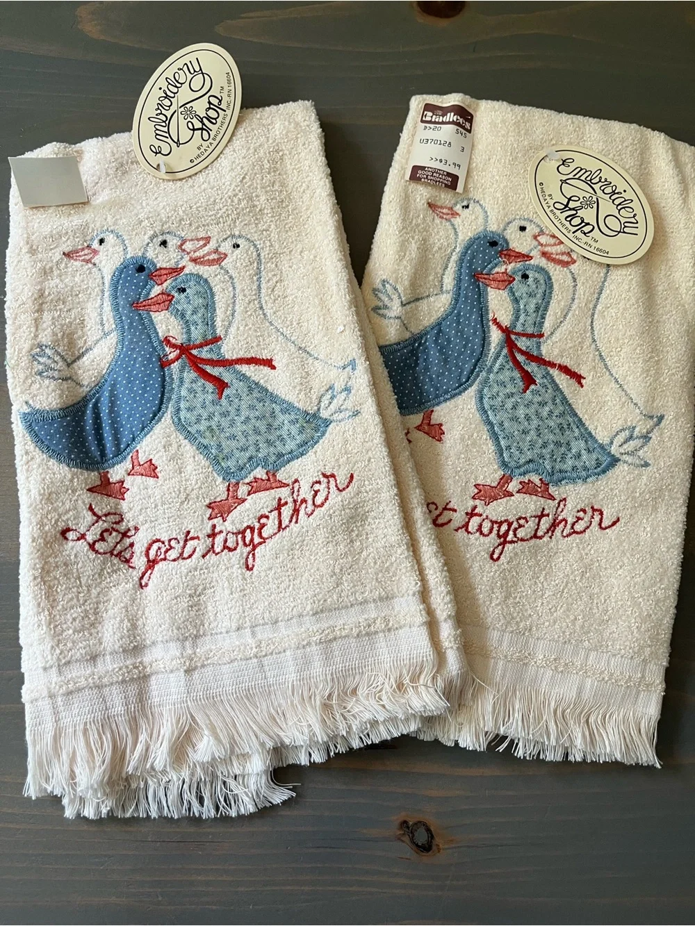 80s 90s Country Goose Dish Towels Set of 2 Embroidered Lets Get Together NOS NWT